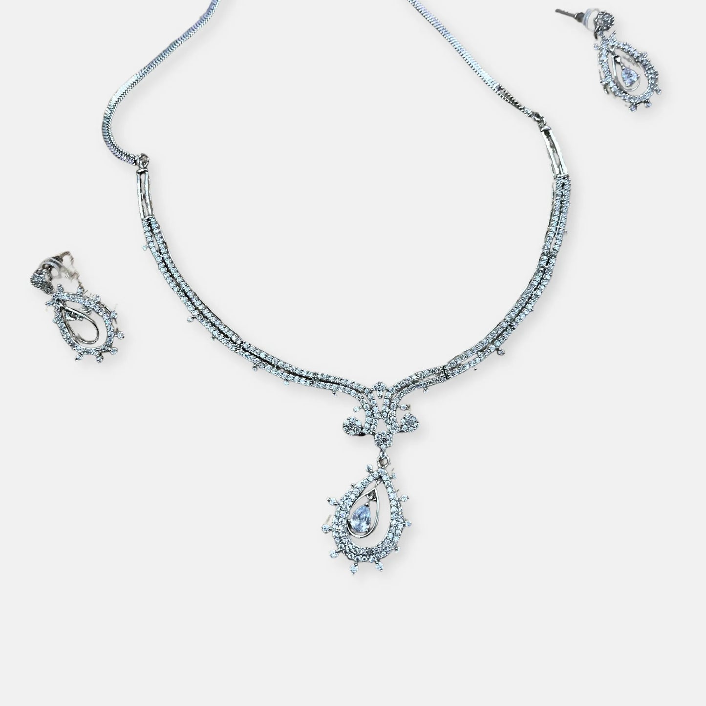Cubic Zirconia Silver Plated Necklace Set 10026