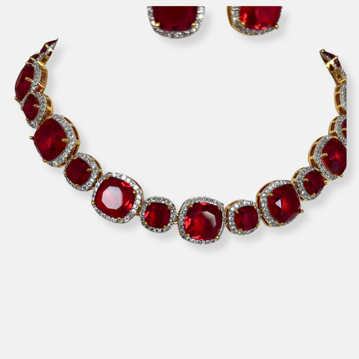 Jewelit Faux Ruby Cubic Zirconia Necklace Set Gold Polish With Earrings