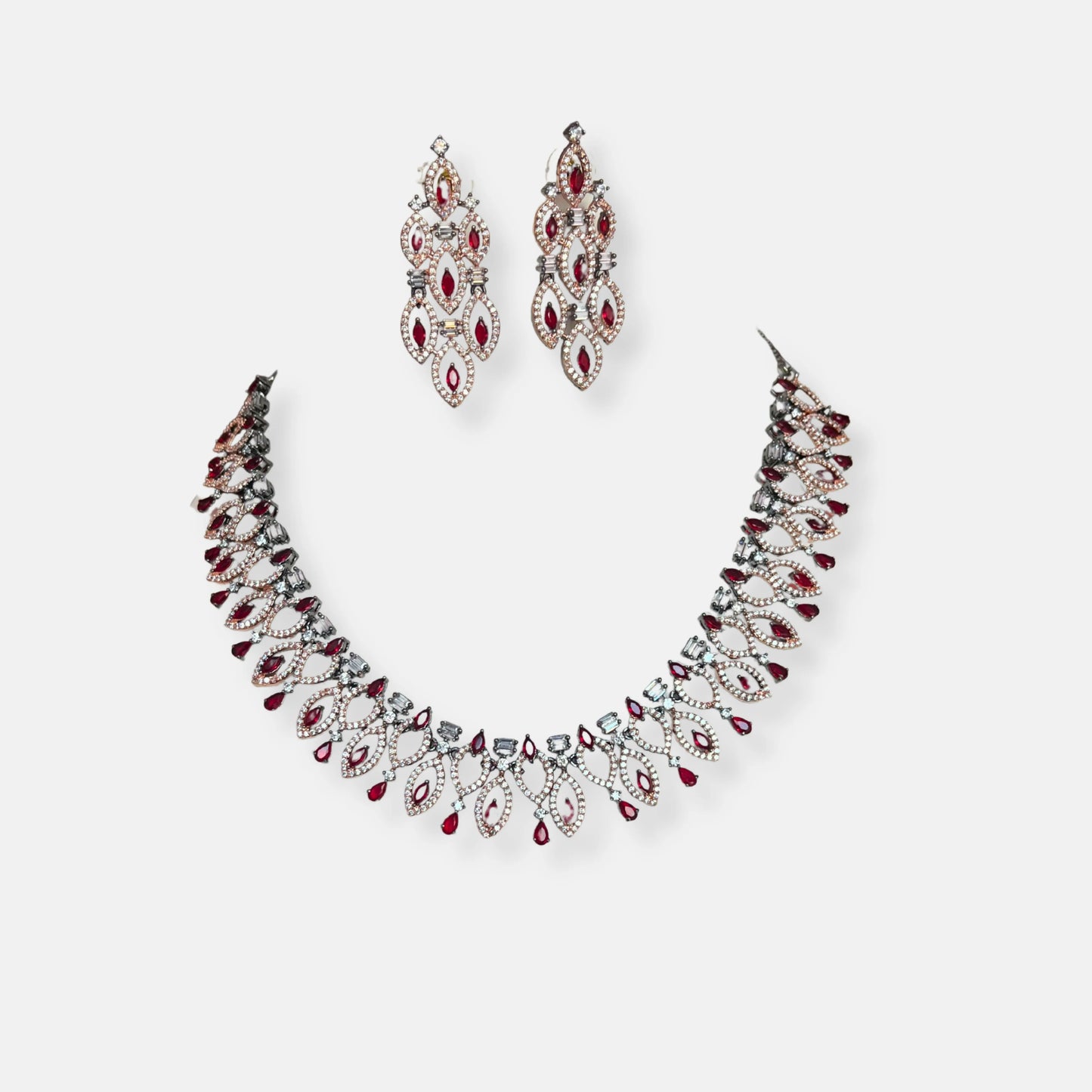 Jewelit Faux Ruby Stone Studded Black Rose Gold Cubic Zirconia Necklace Set