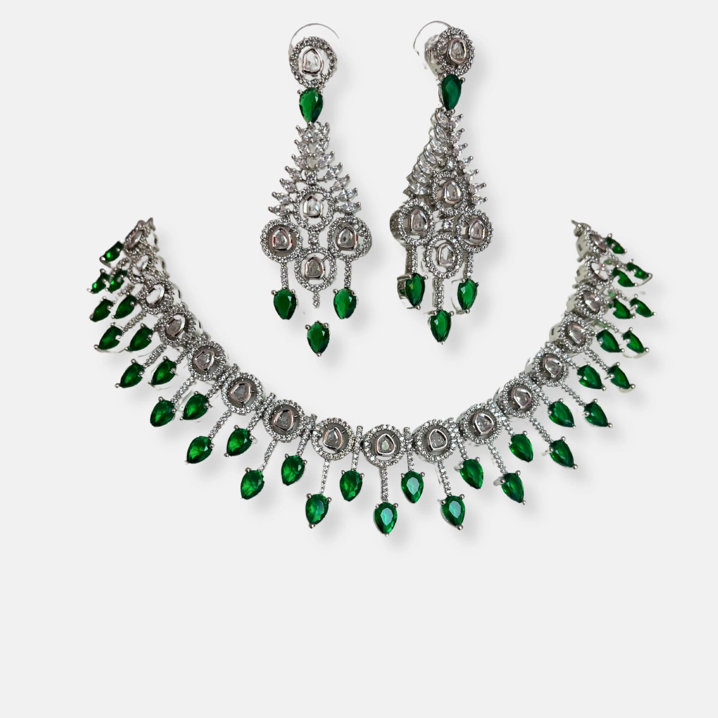 Classic Emerald Waterfall Cubic Zirconia Necklace Set With Danglers