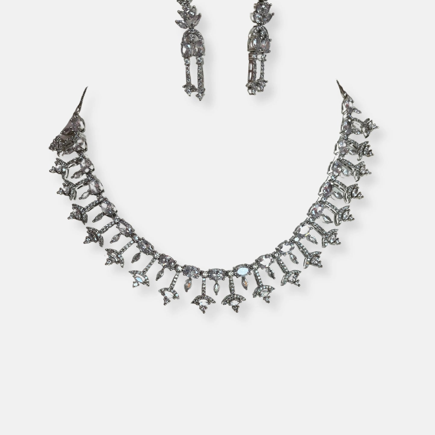 CZ Rhodium Plated Necklace Set With Earrings