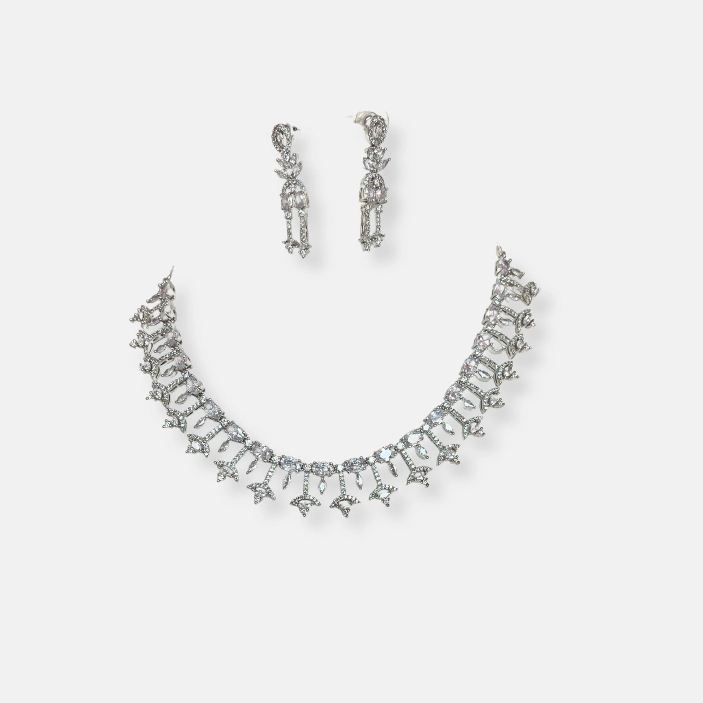 CZ Rhodium Plated Necklace Set With Earrings