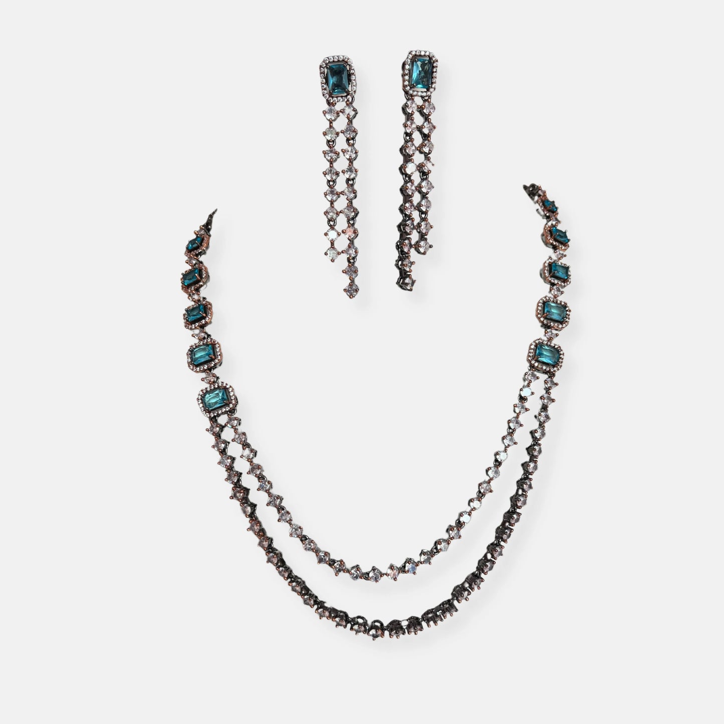 Jewelit Double Layered Aqua Necklace Set in Black Polish And Rose Gold
