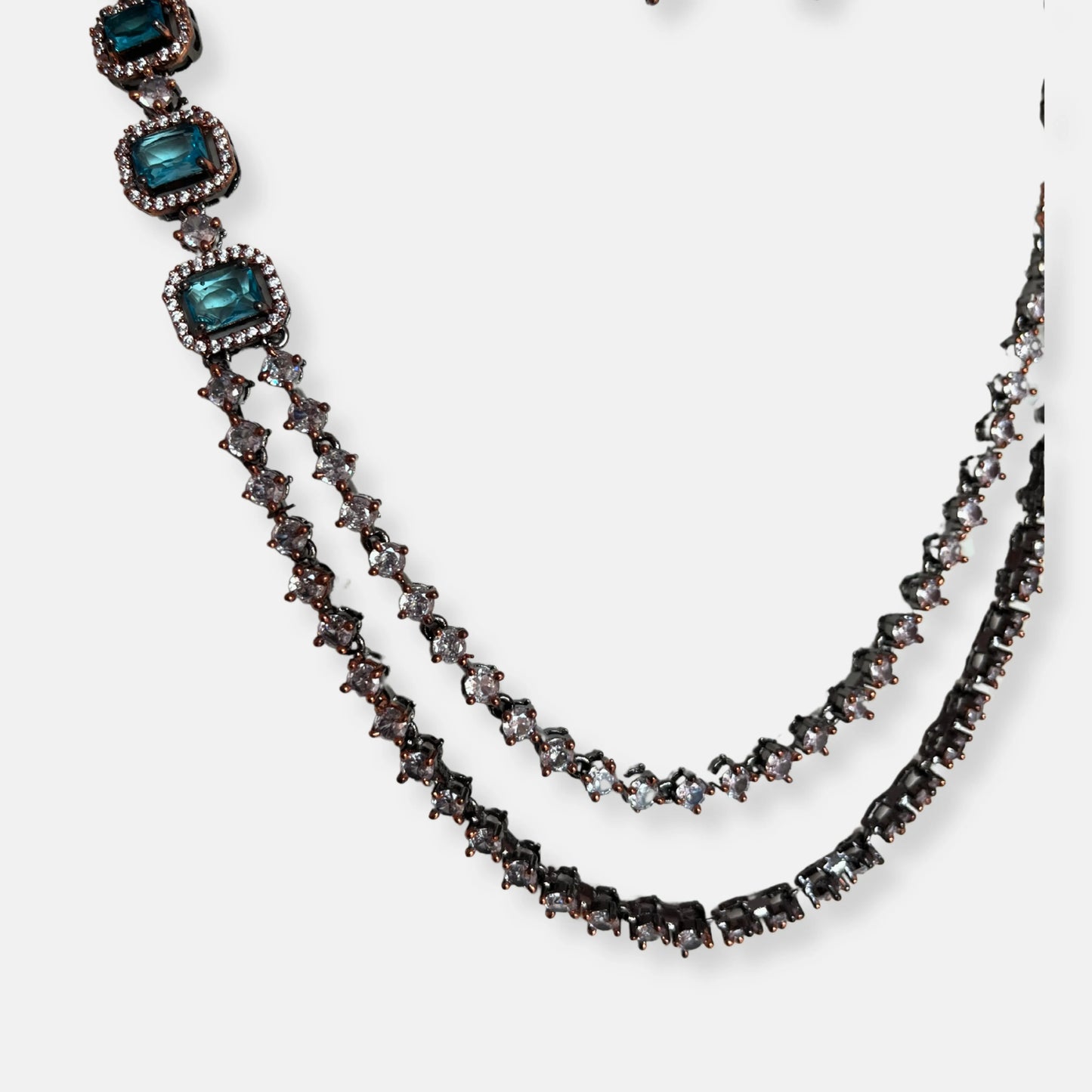 Jewelit Double Layered Aqua Necklace Set in Black Polish And Rose Gold