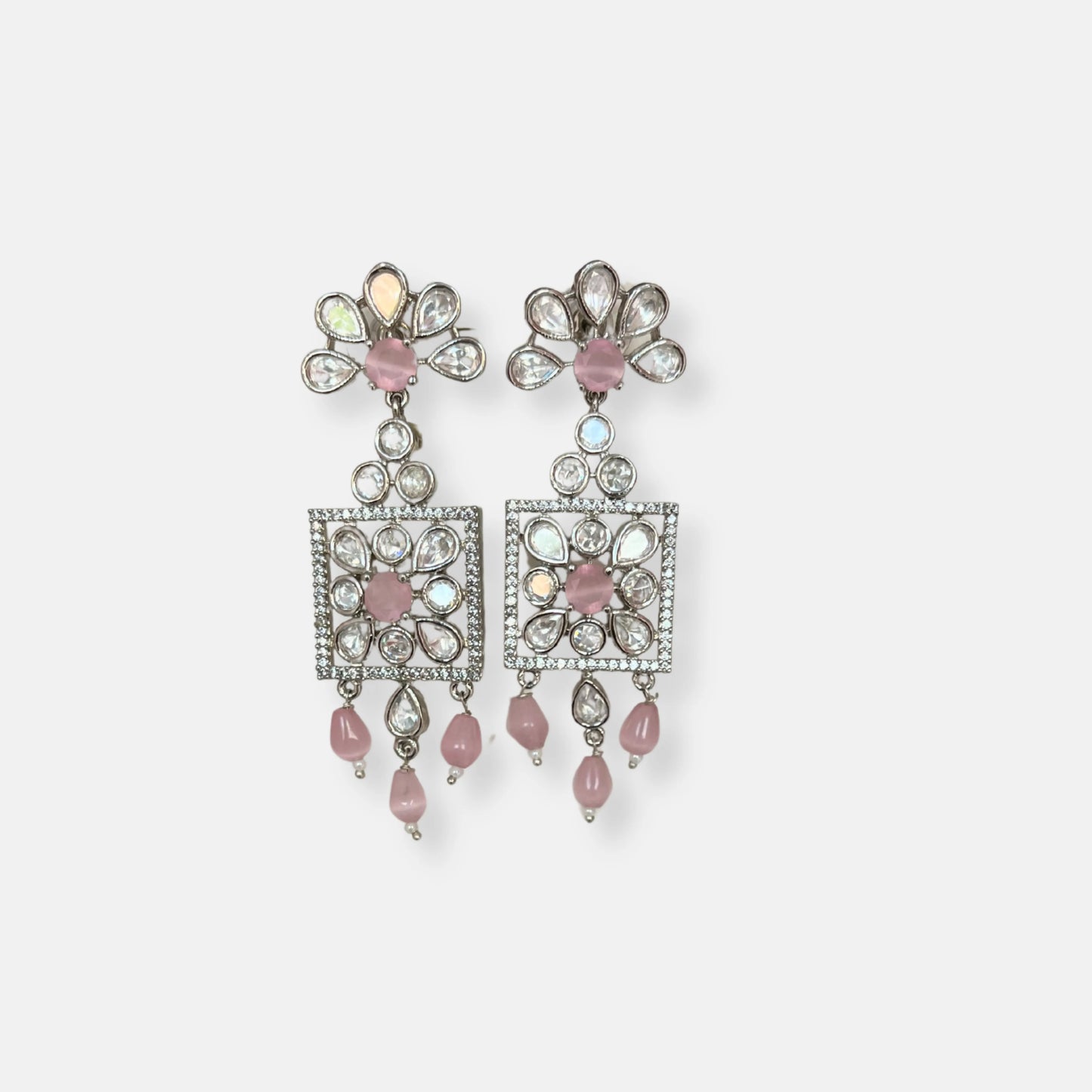 Jewelit Pink Beaded Kundan CZ Necklace Set With Earrings
