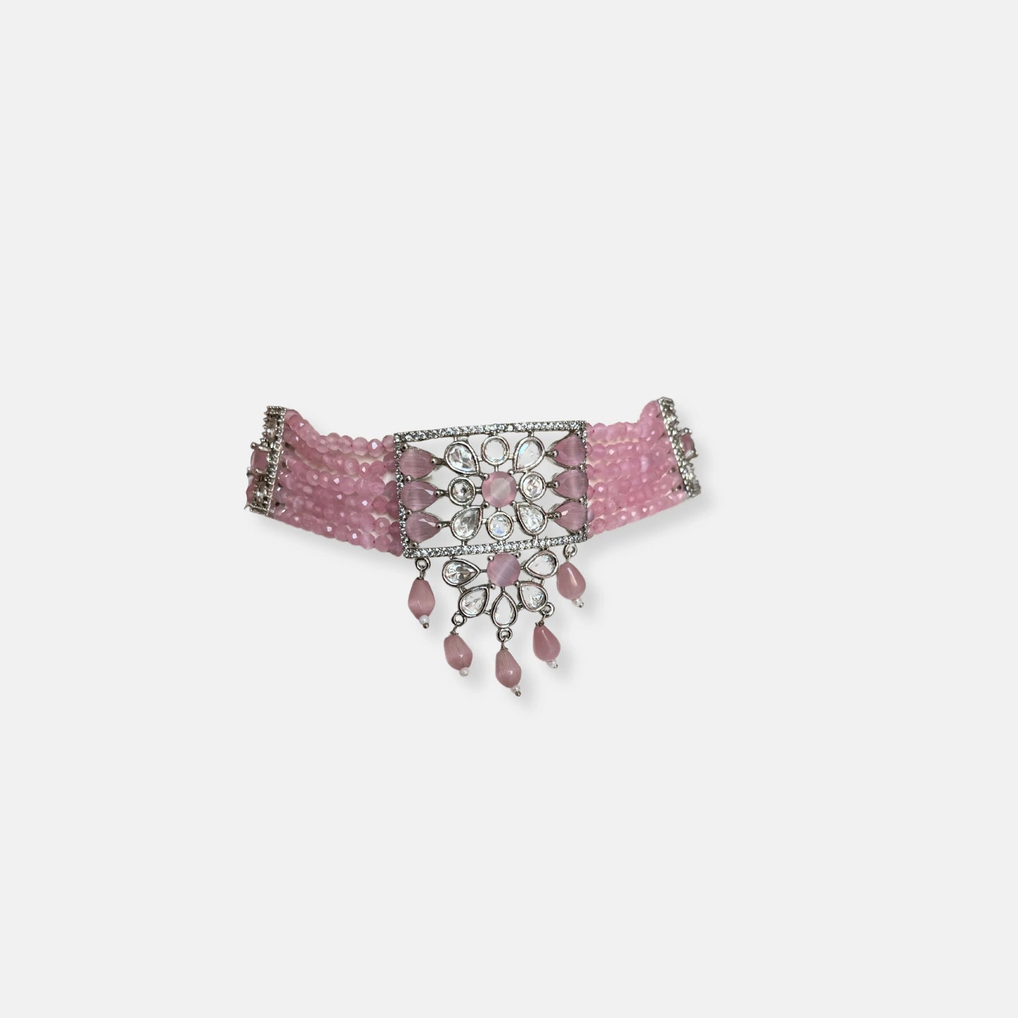 Jewelit Pink Beaded Kundan CZ Necklace Set With Earrings