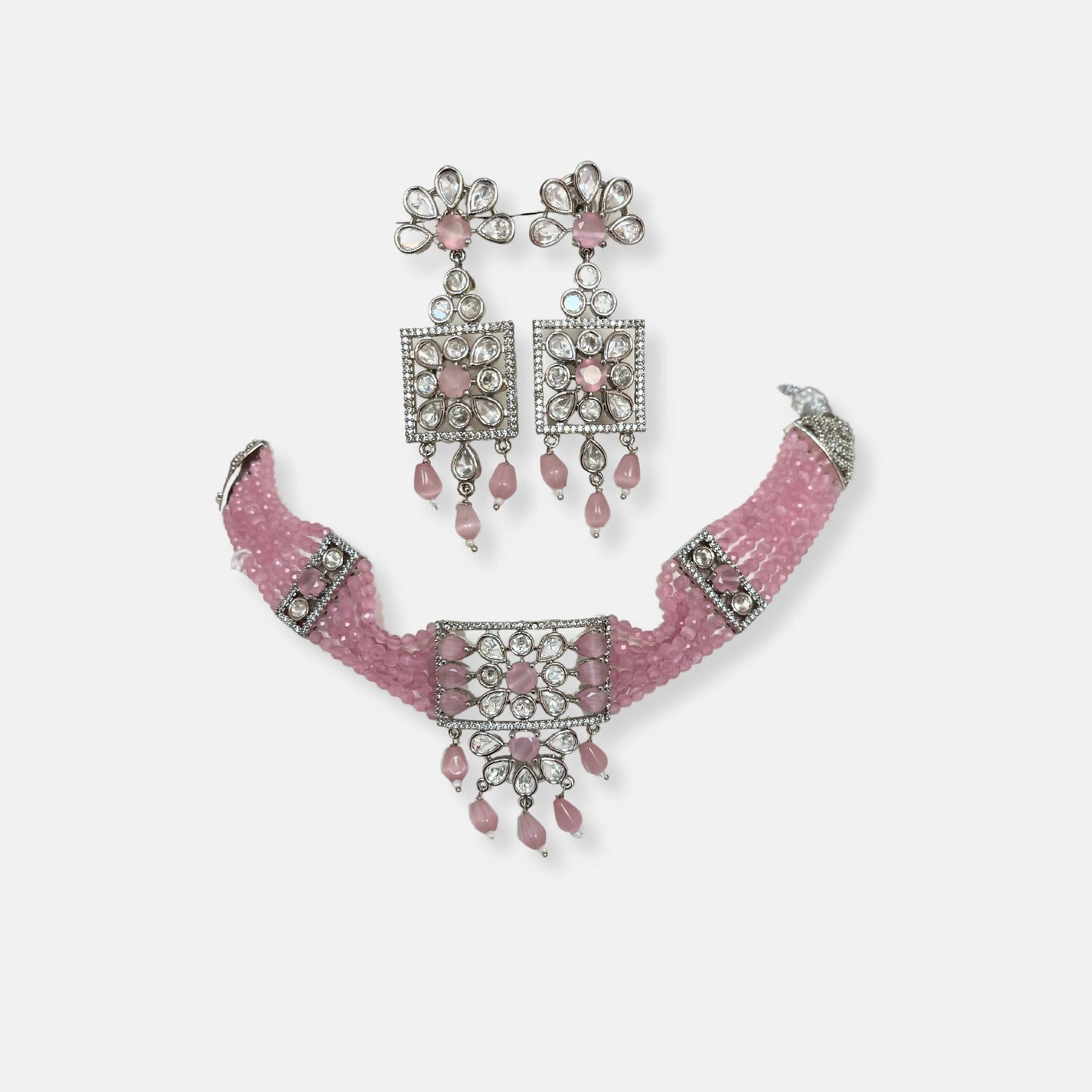 Jewelit Pink Beaded Kundan CZ Necklace Set With Earrings