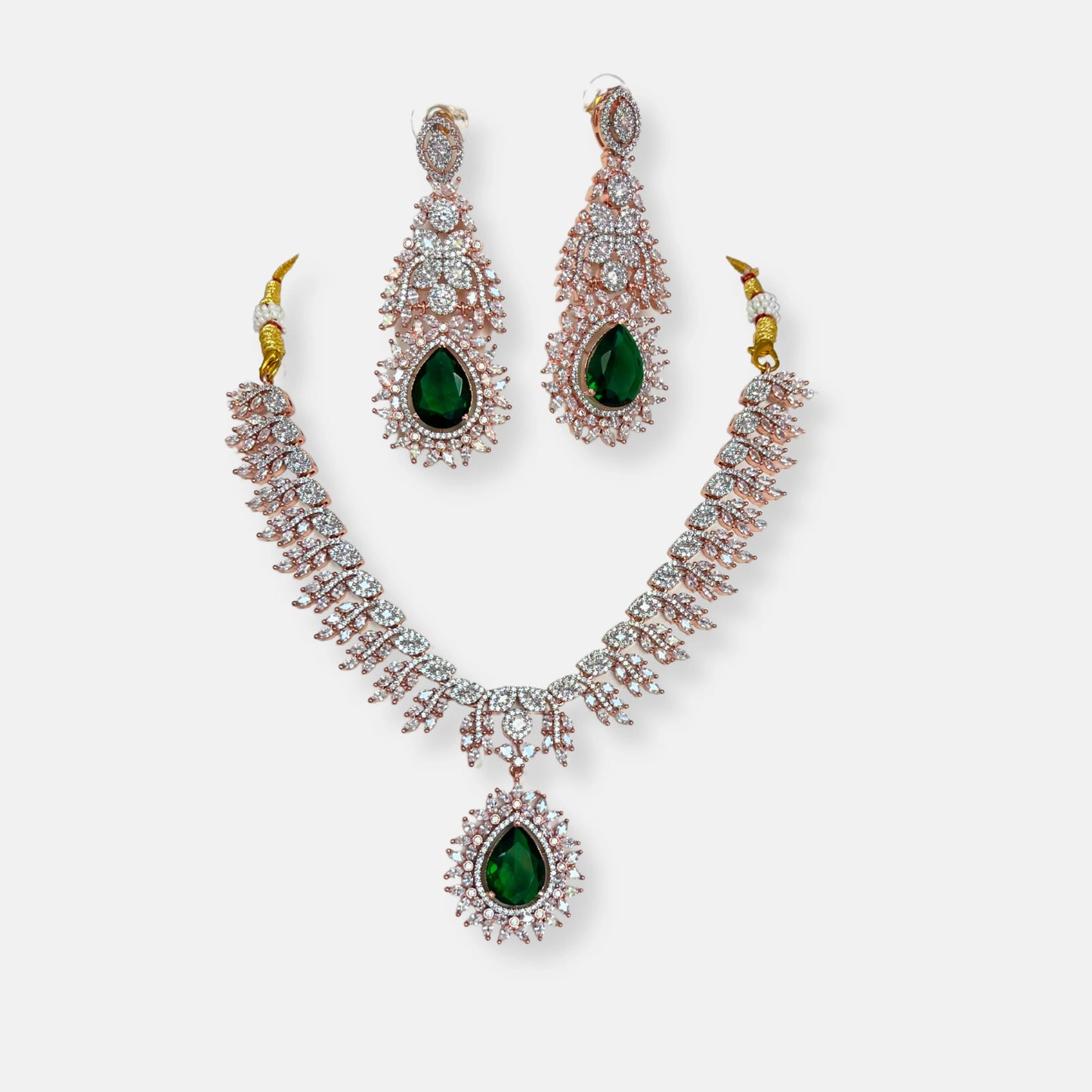 Jewelit Emerald Rose Gold Cubic Zirconia Necklace Set With Danglers