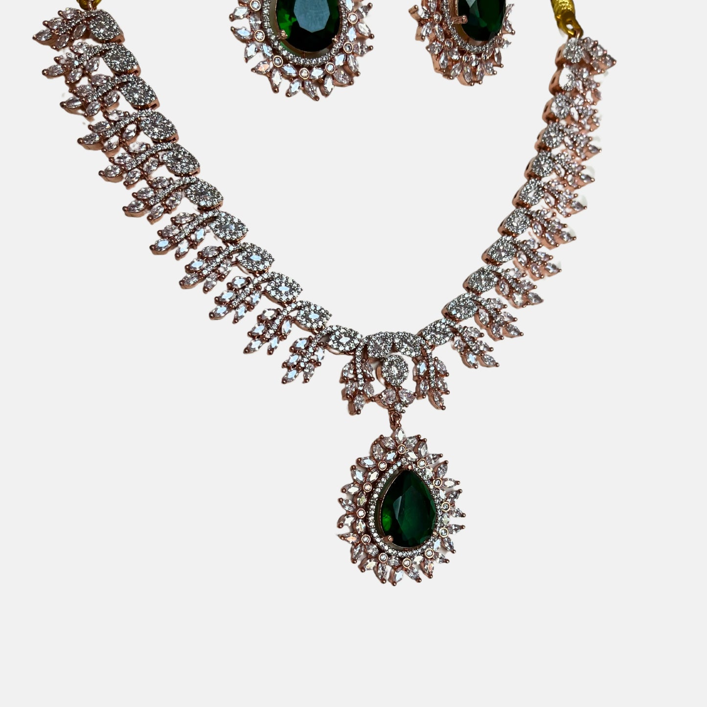 Jewelit Emerald Rose Gold Cubic Zirconia Necklace Set With Danglers