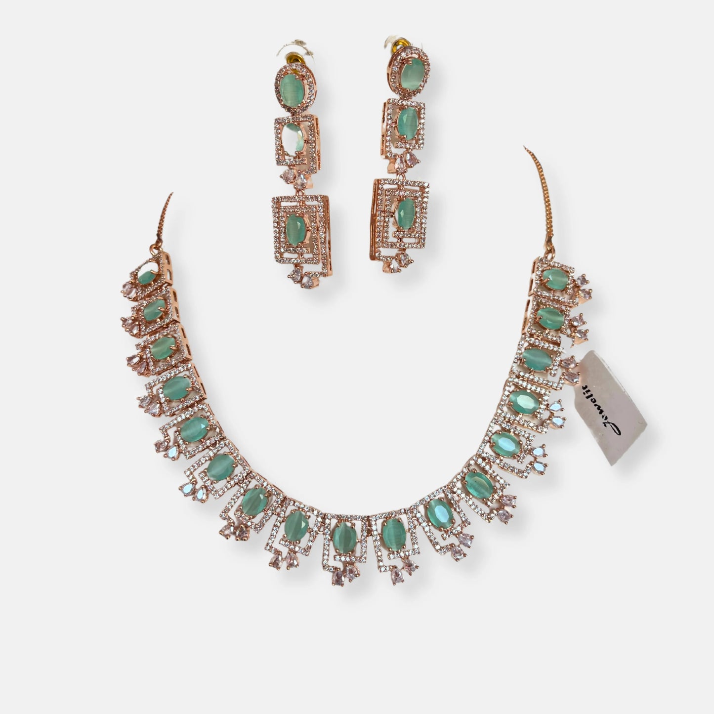 Jewelit Rose Gold Mint Necklace Set With Dainty Maangtika