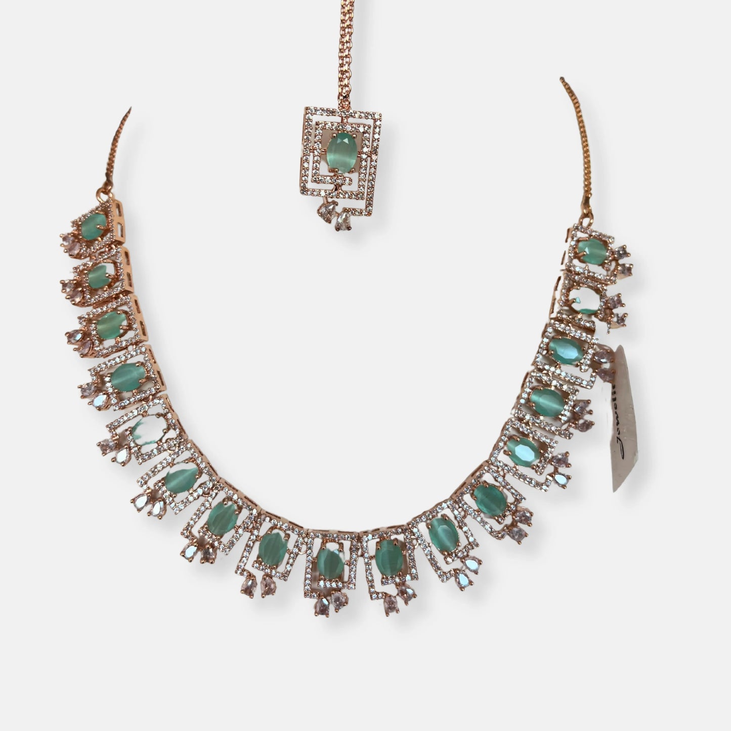 Jewelit Rose Gold Mint Necklace Set With Dainty Maangtika