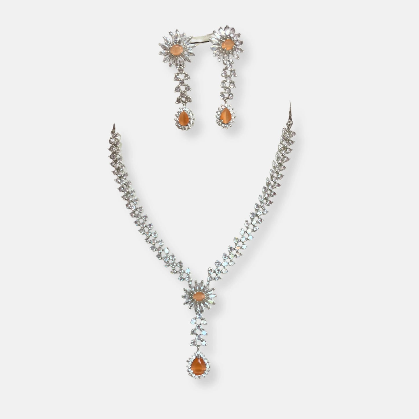 Jewelit Peach Stone Cubic Zirconia Necklace Set With Earrings