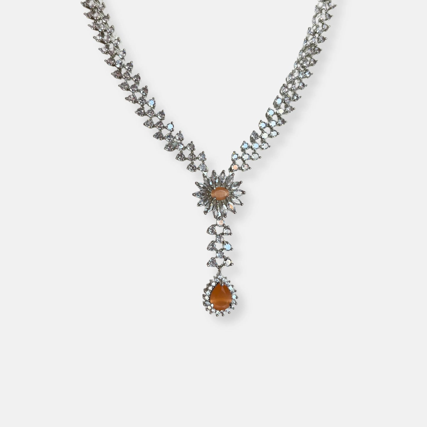 Jewelit Peach Stone Cubic Zirconia Necklace Set With Earrings