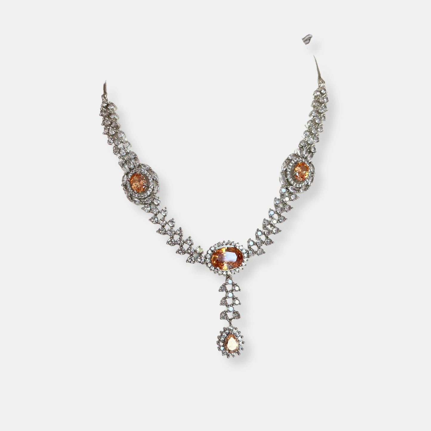 Jewelit Cubic Zirconia Peach Stone Tear Drop Necklace Set