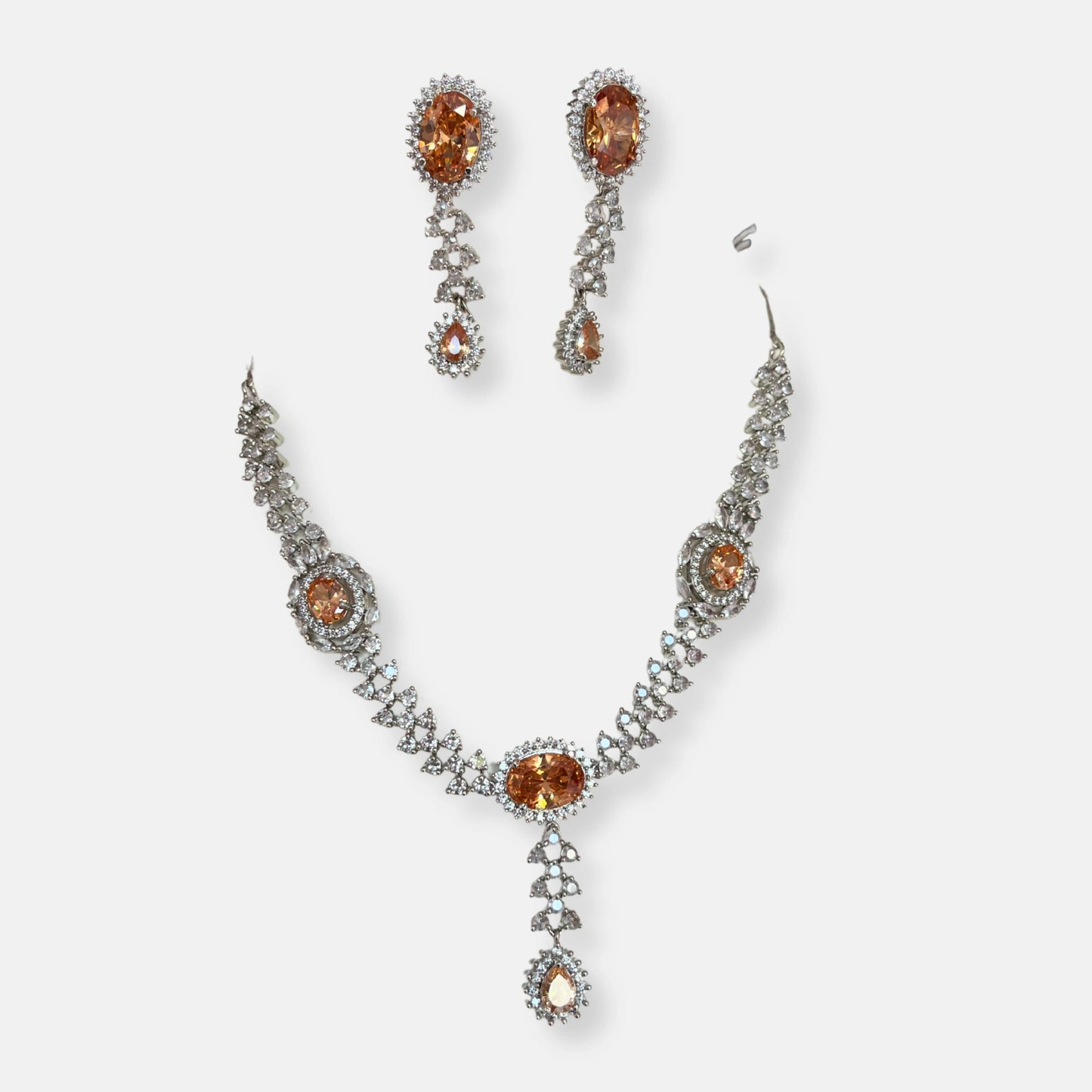 Jewelit Cubic Zirconia Peach Stone Tear Drop Necklace Set
