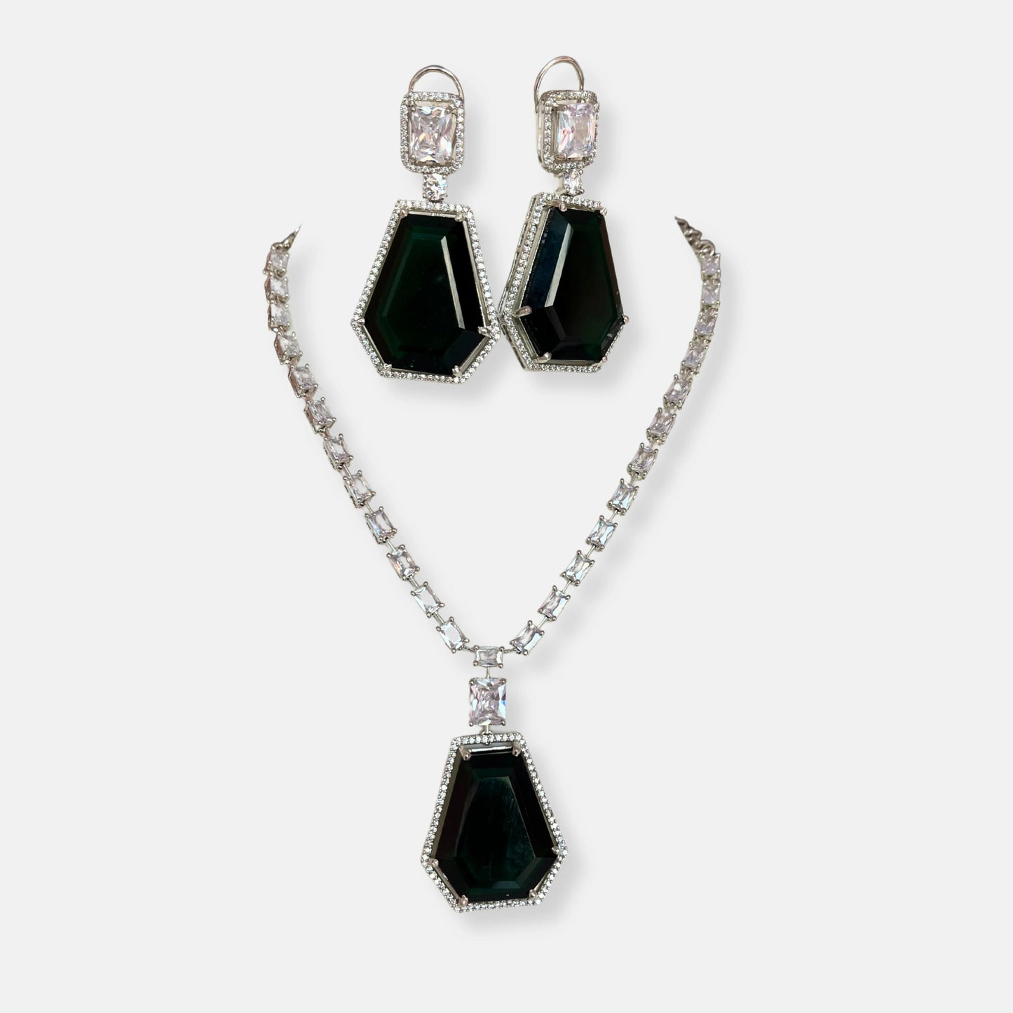 Jewelit Big Emerald Statement CZ Necklace Set With Earrings
