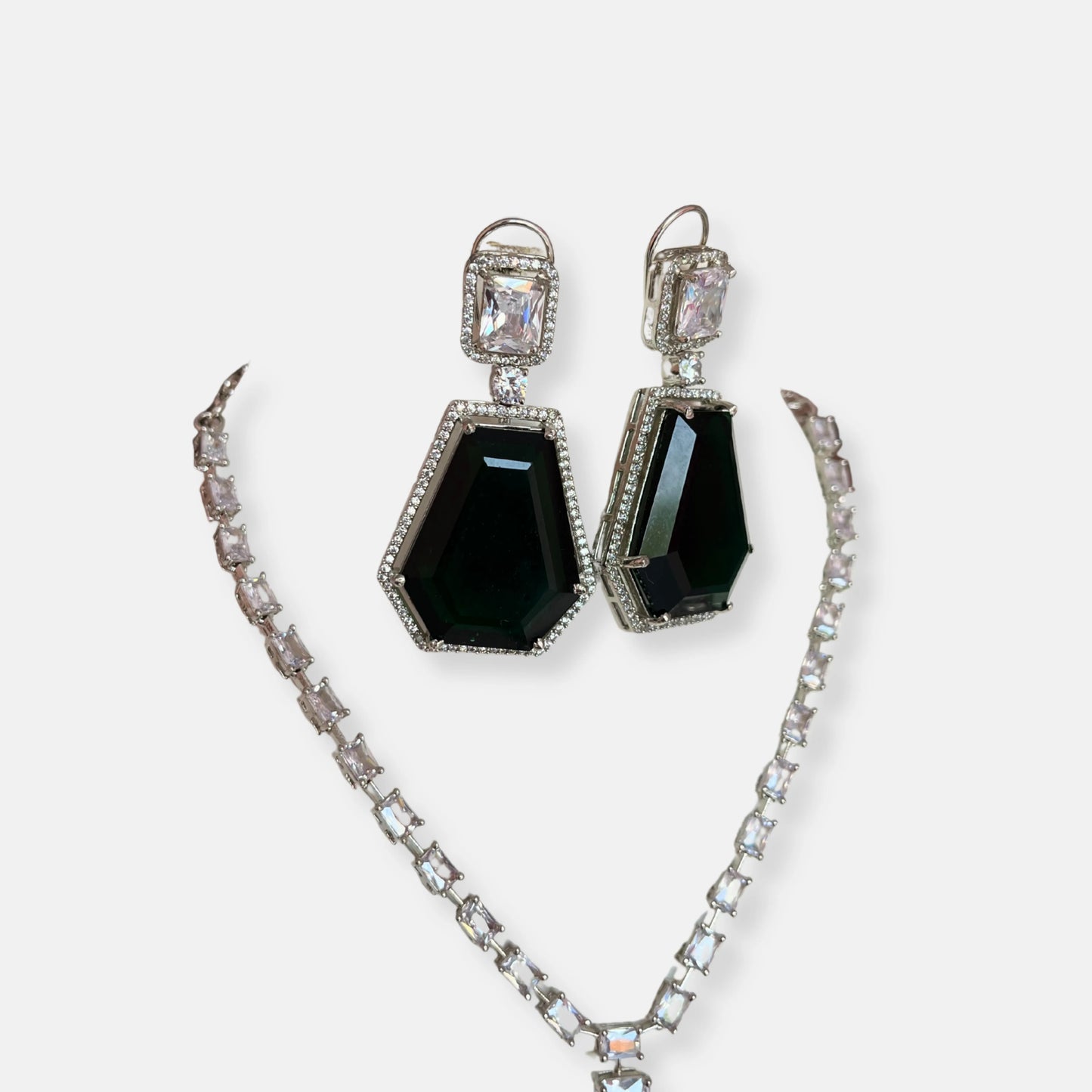 Jewelit Big Emerald Statement CZ Necklace Set With Earrings