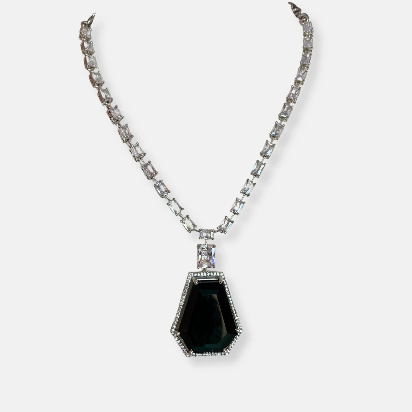 Jewelit Big Emerald Statement CZ Necklace Set With Earrings