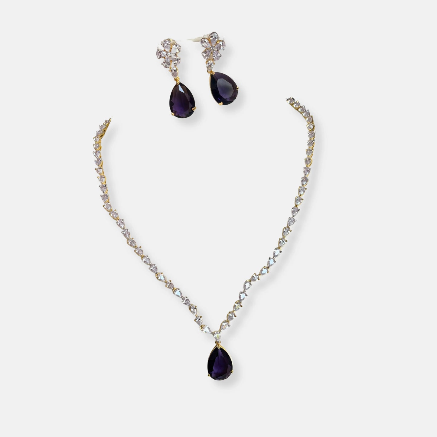 Jewelit Sapphire and White Cubic Zirconia Tear Drop Statement Necklace Set