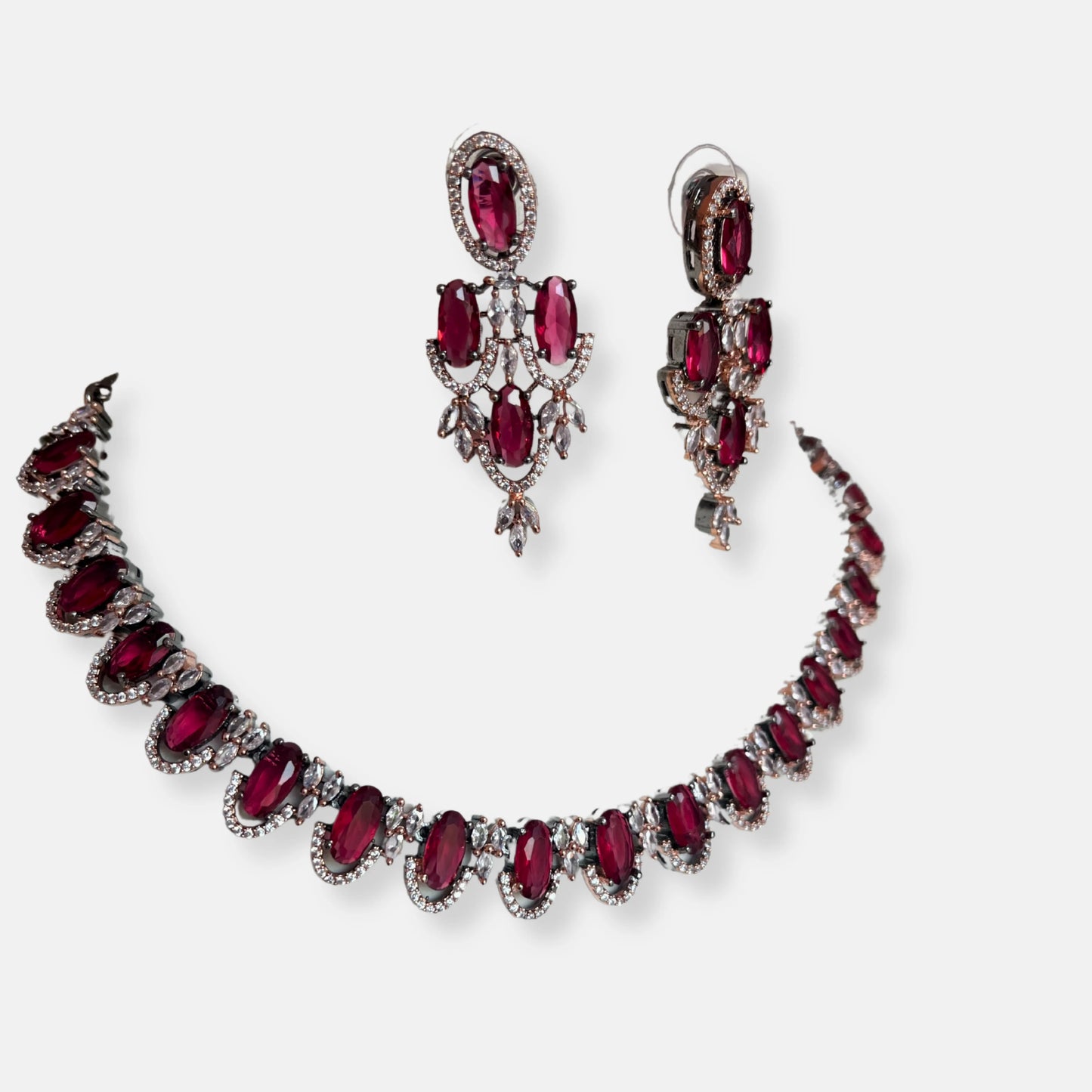 Jewelit Faux Ruby Studded Black Rose Cubic Zirconia Necklace Set
