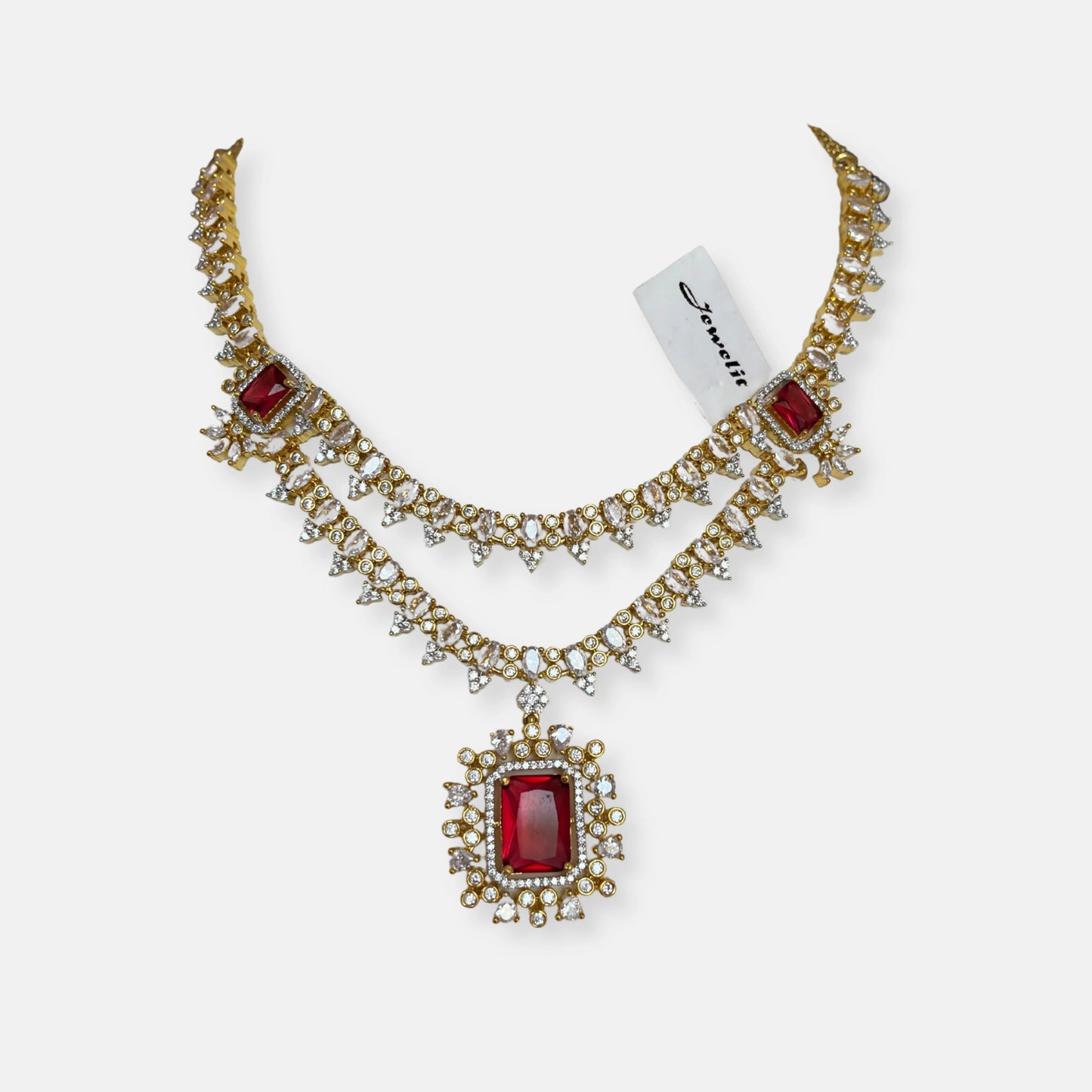 Jewelit Double Layered Ruby Stone Gold Plated Necklace Set With Earrings