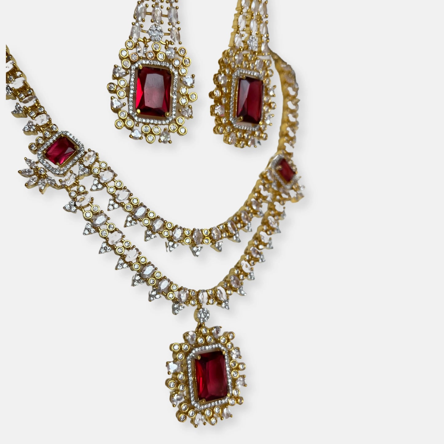 Jewelit Double Layered Ruby Stone Gold Plated Necklace Set With Earrings