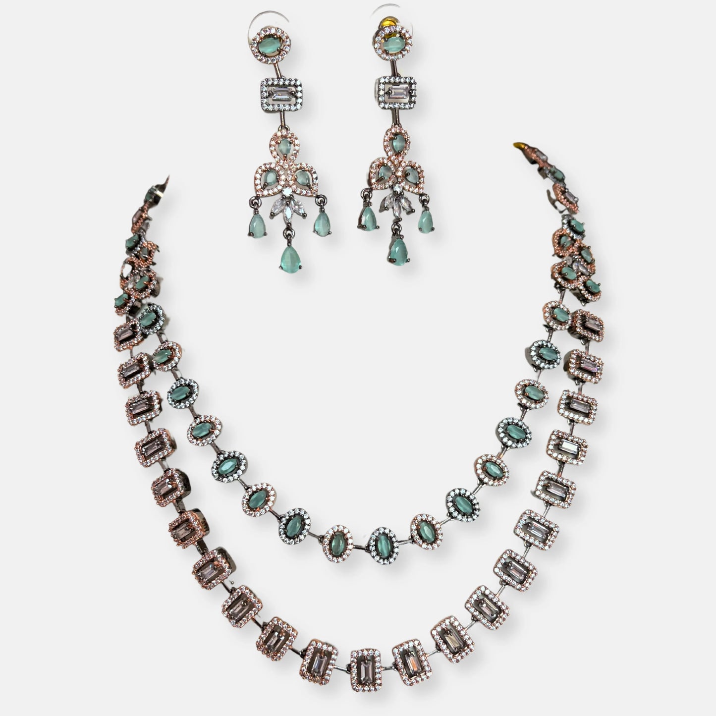Jewelit Double Layered Aqua Purple Black Polish Necklace Set