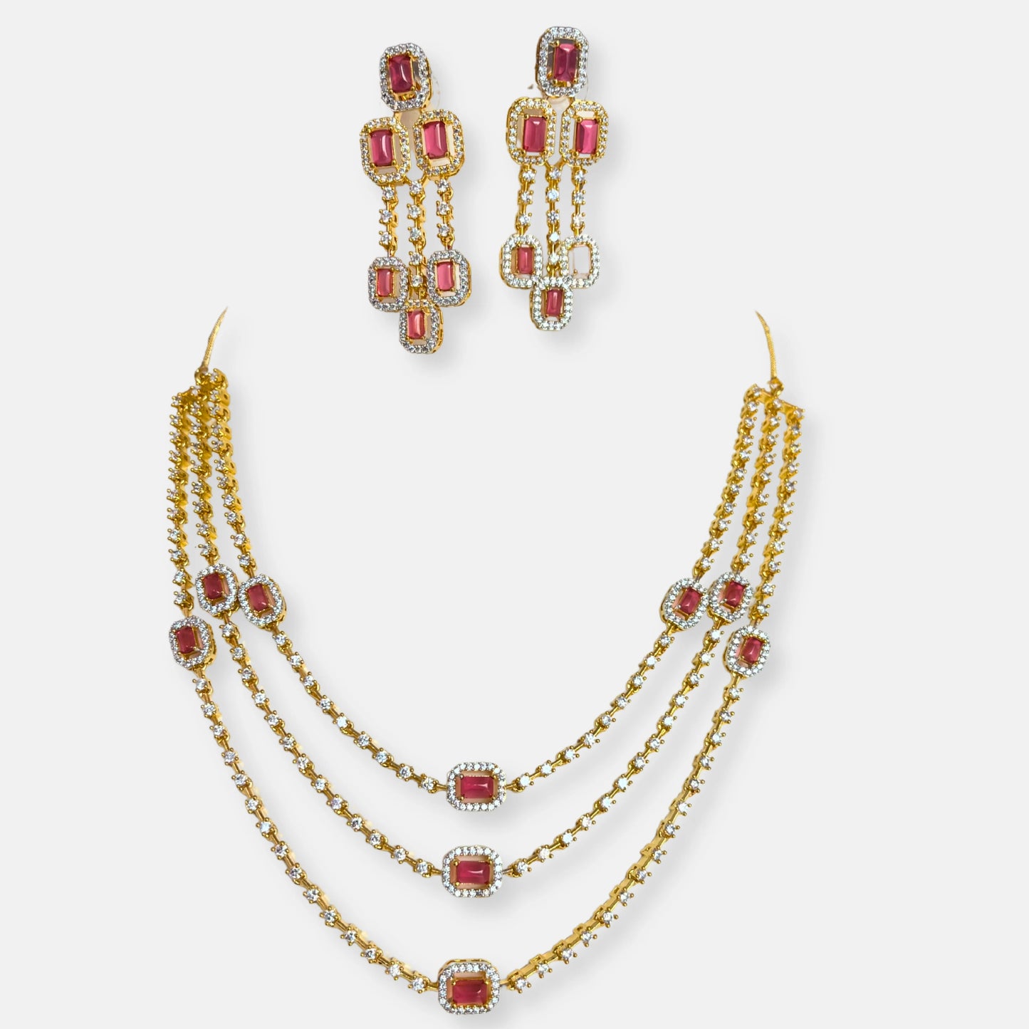 Cubic Zirconia Triple Layered Ruby Gold Plated Necklace Set