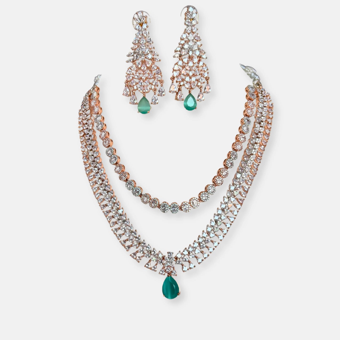 Double Layered Mint Stone Rose Gold Plated Cubic Zirconia Necklace Set