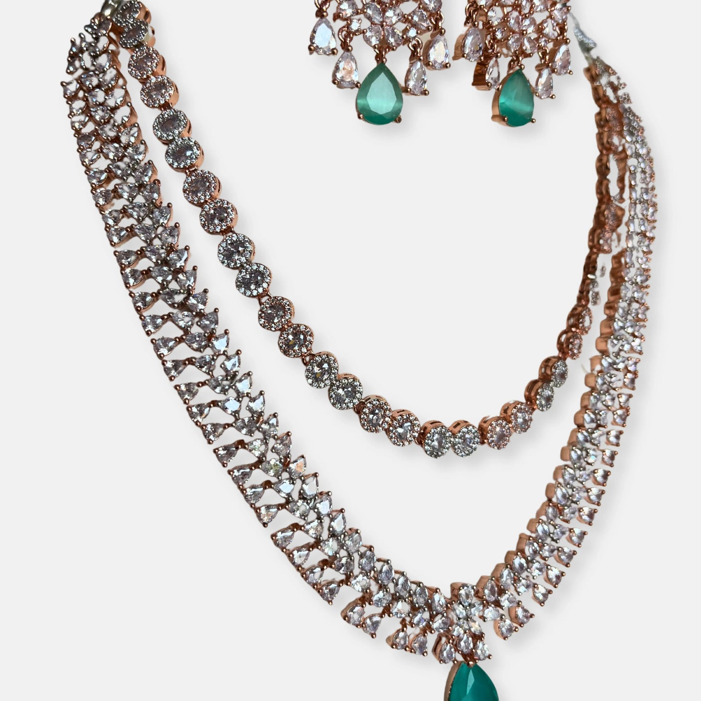 Double Layered Mint Stone Rose Gold Plated Cubic Zirconia Necklace Set