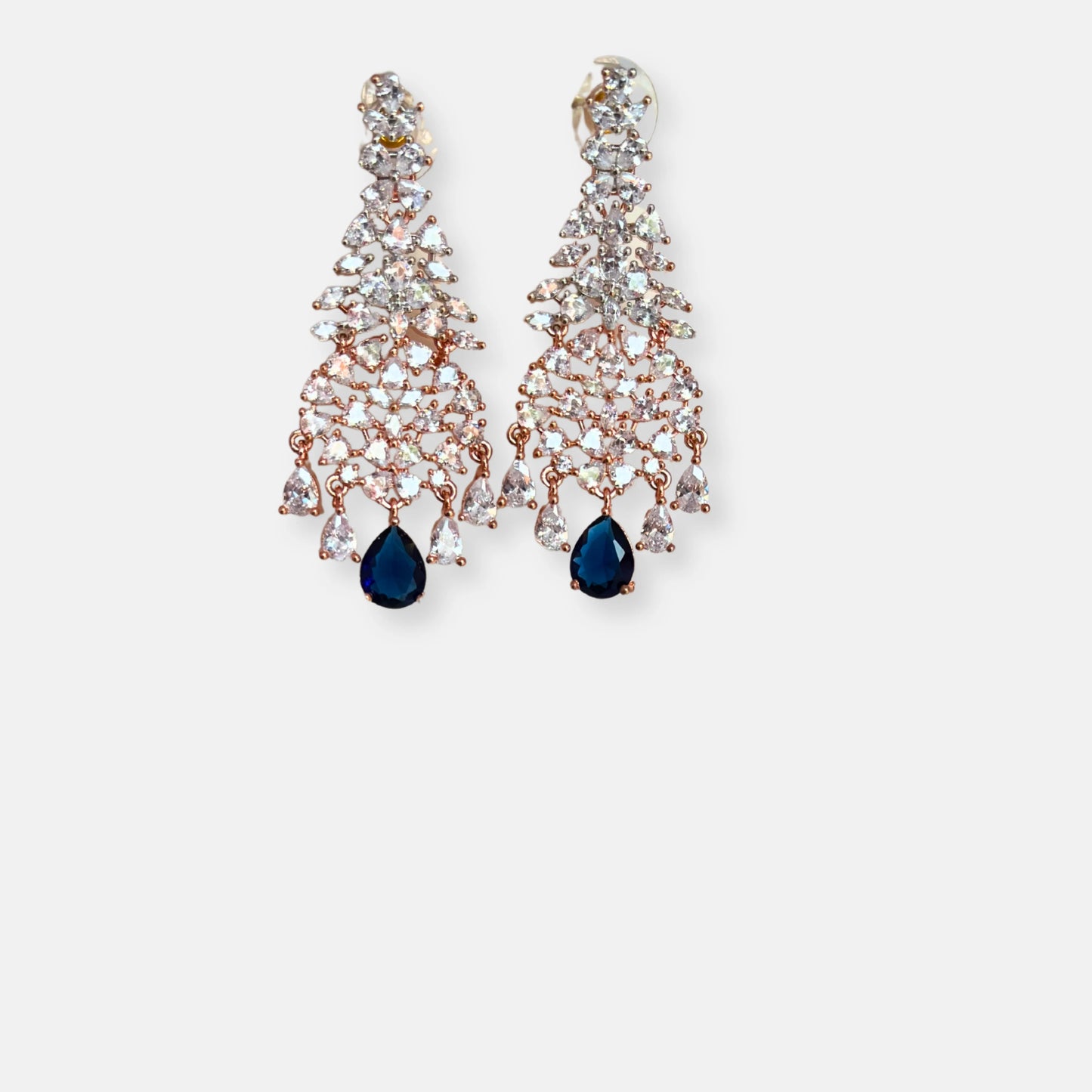 Double Layered Sapphire Rose Gold Plated Cubic Zirconia Necklace Set With Danglers