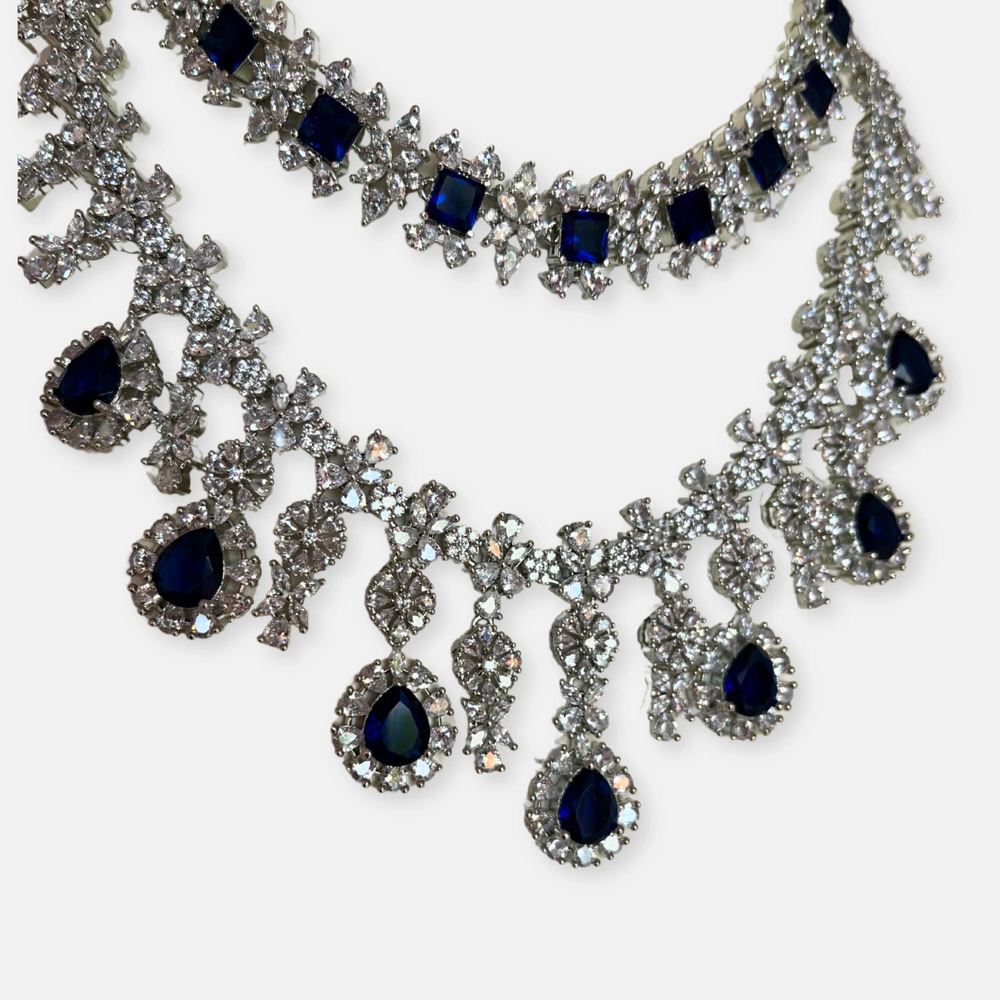 Jewelit Double Layered Sapphire Necklace Set With Earrings