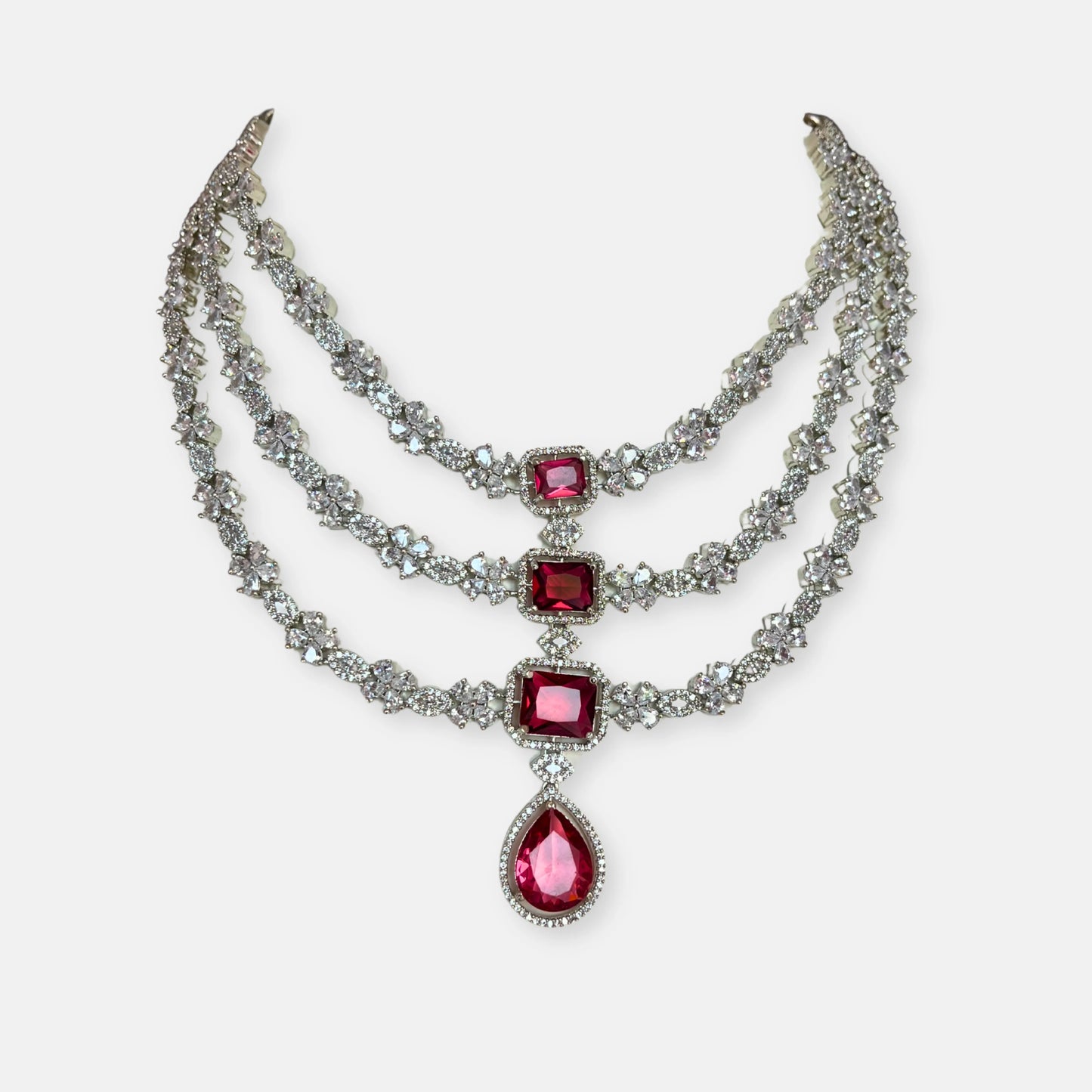 Jewelit Triple Layered Ruby Stone Necklace Set With Drop Earrings