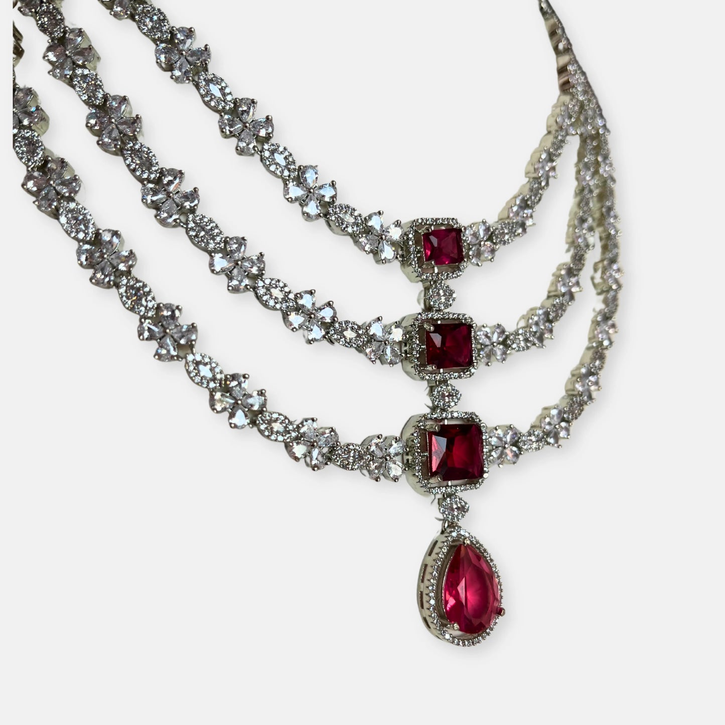 Jewelit Triple Layered Ruby Stone Necklace Set With Drop Earrings
