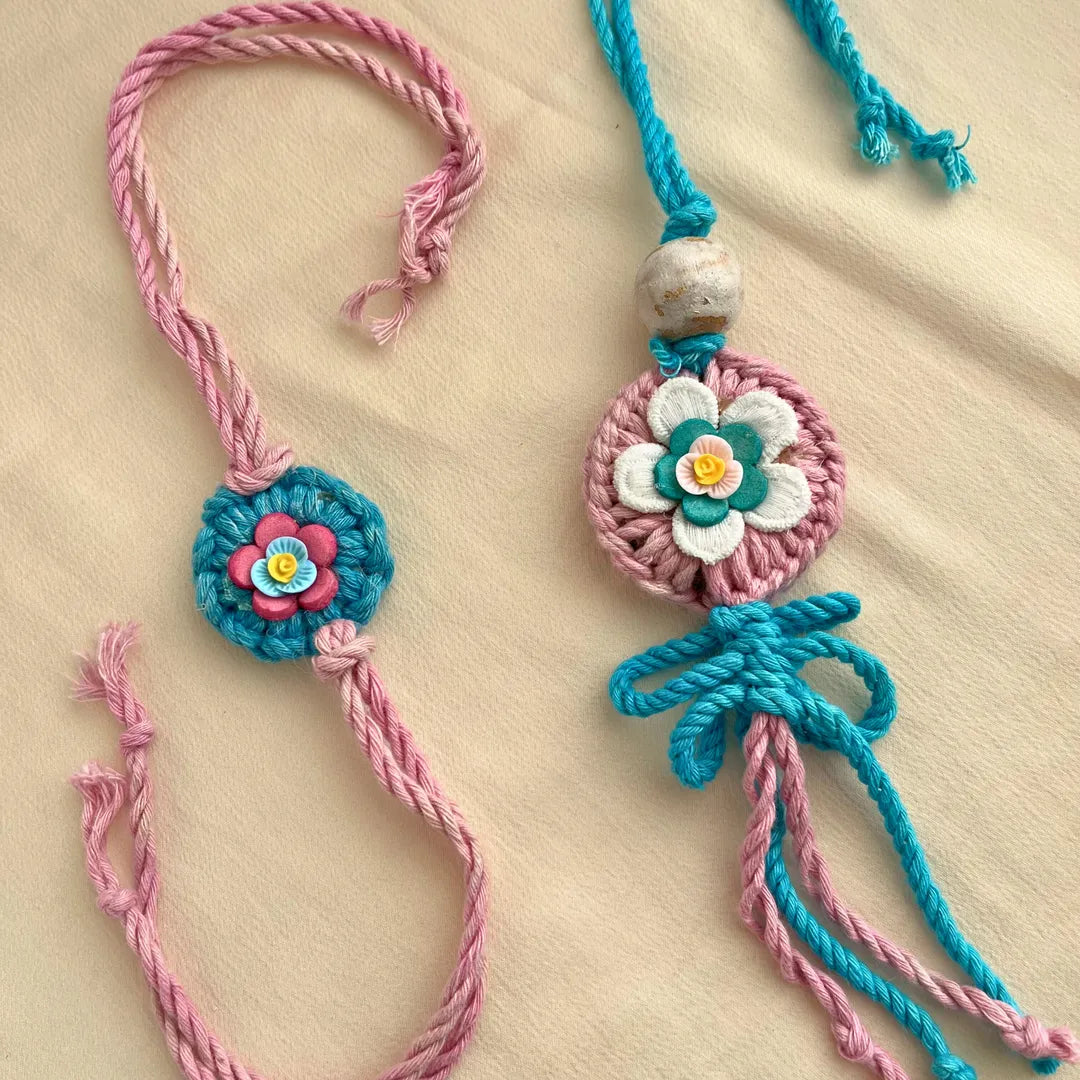 Crochet Bhaiya Bhabhi Rakhi Pink & Blue Set