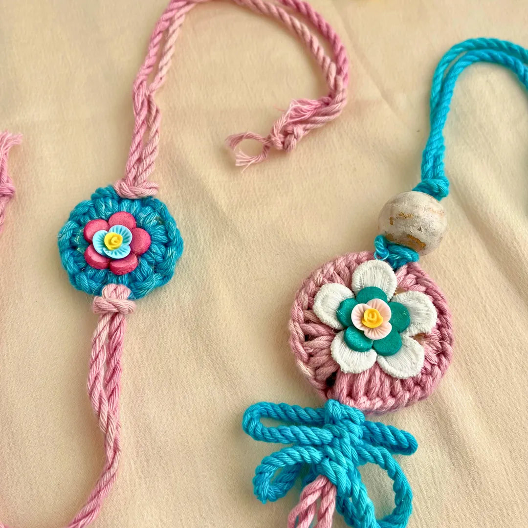 Crochet Bhaiya Bhabhi Rakhi Pink & Blue Set