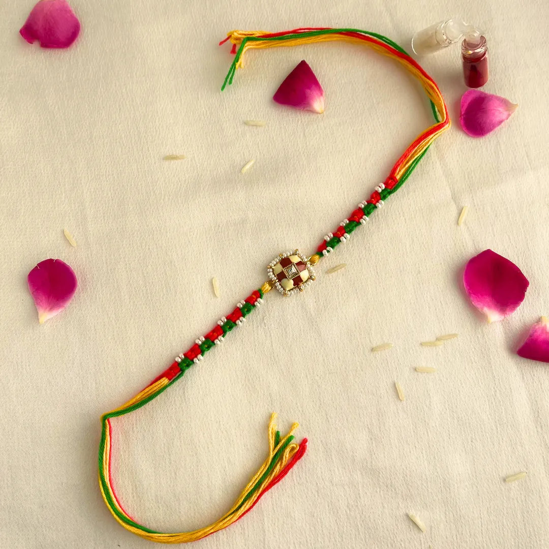 Mauli and Pearl With Meena Work Thread Rakhi