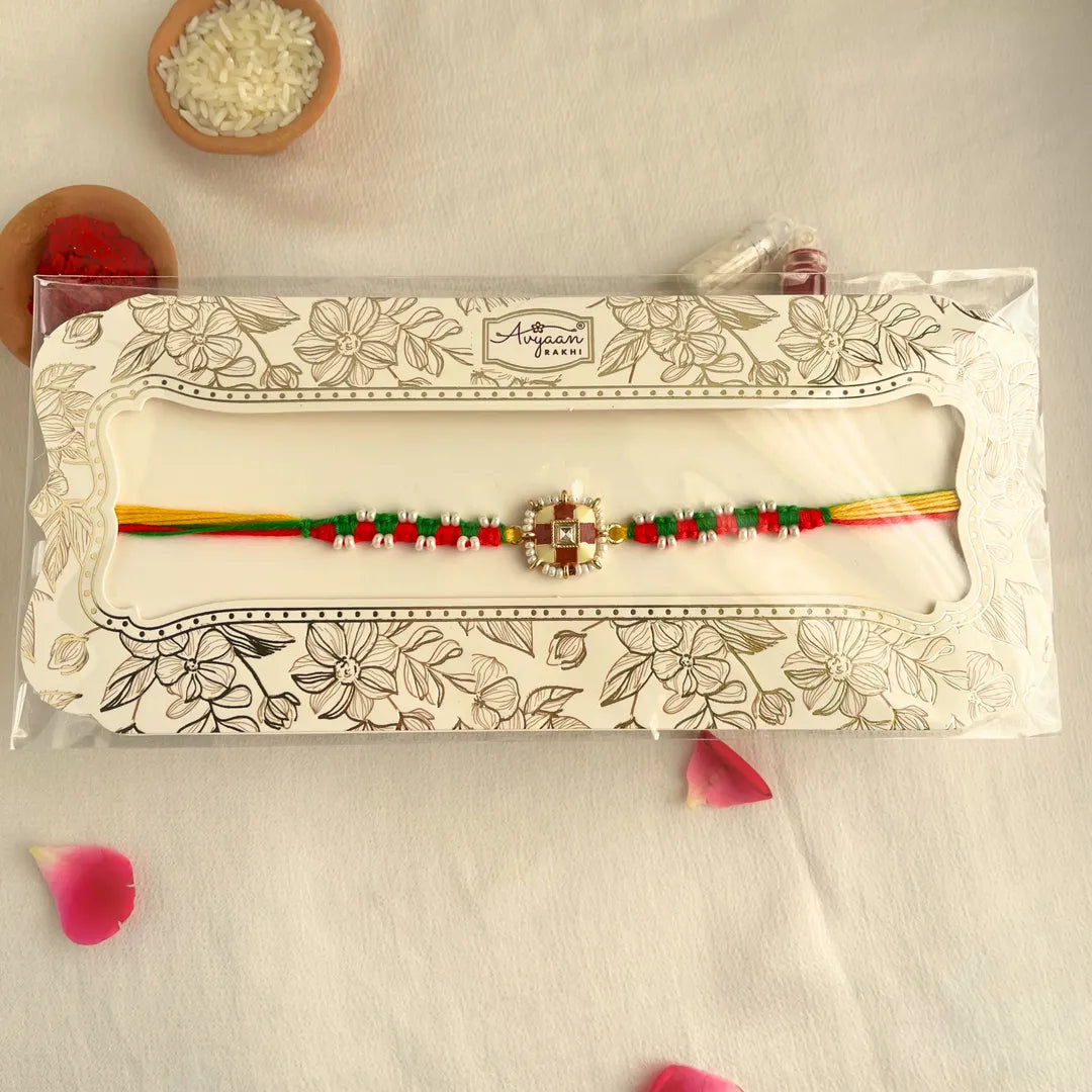 Mauli and Pearl With Meena Work Thread Rakhi