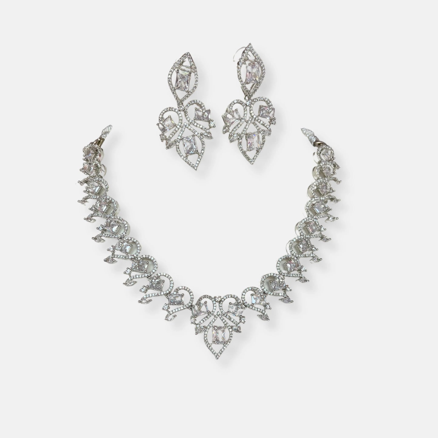 Cubic Zirconia Silver Plated Necklace Set 10018 - Jewelit
