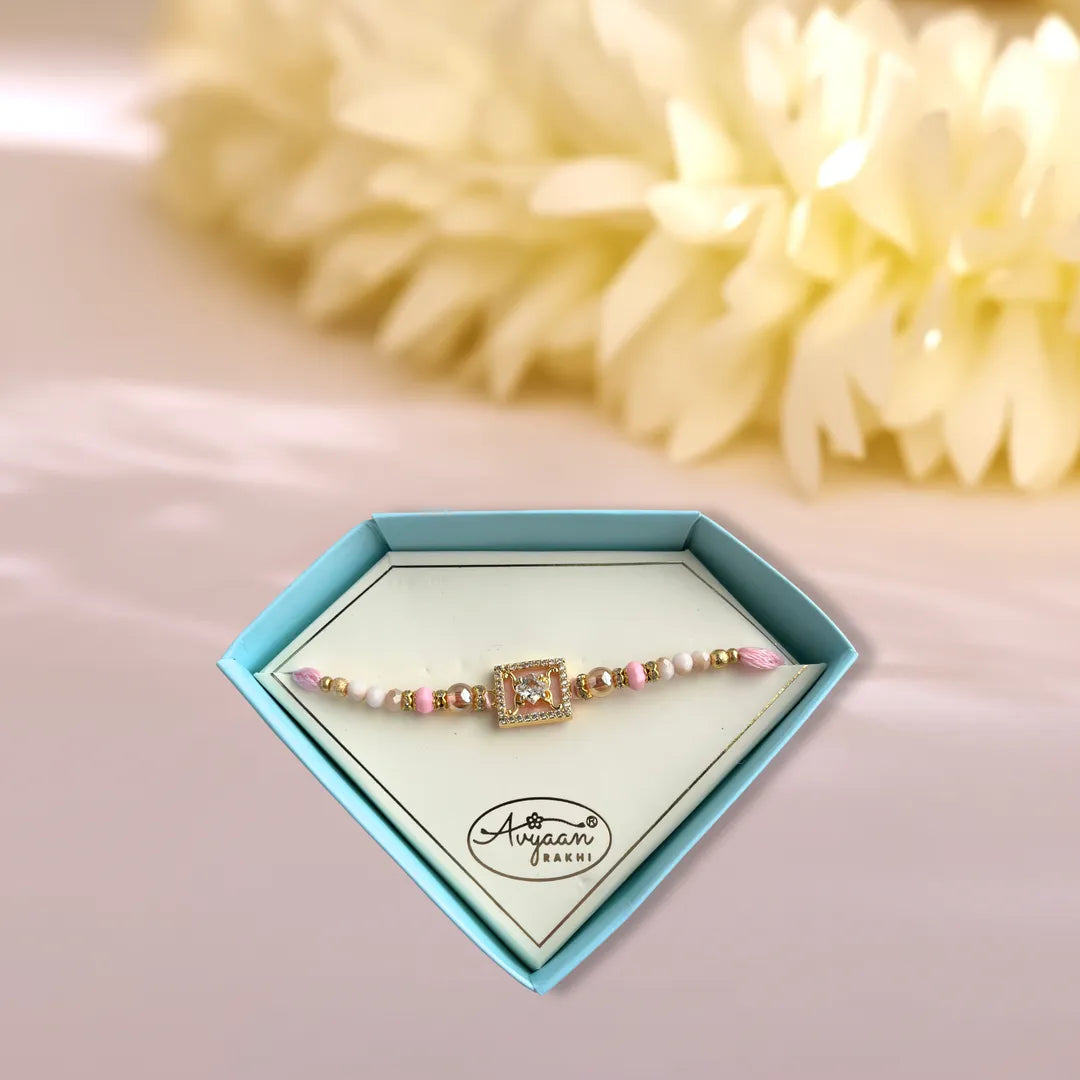 Square American Diamond Studded Pastel Thread Rakhi