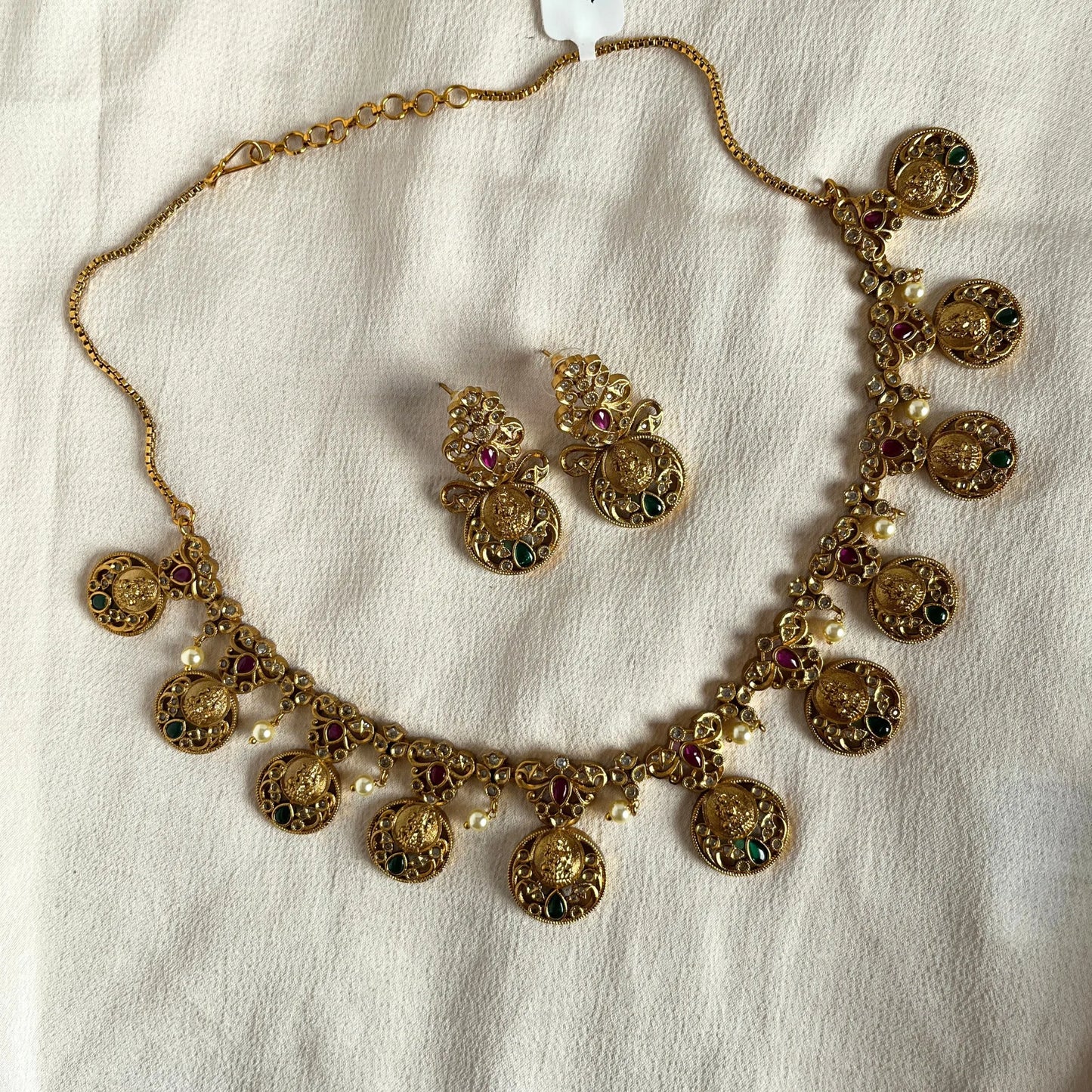 Gold Plated Temple Necklace Set With Earrings 10009