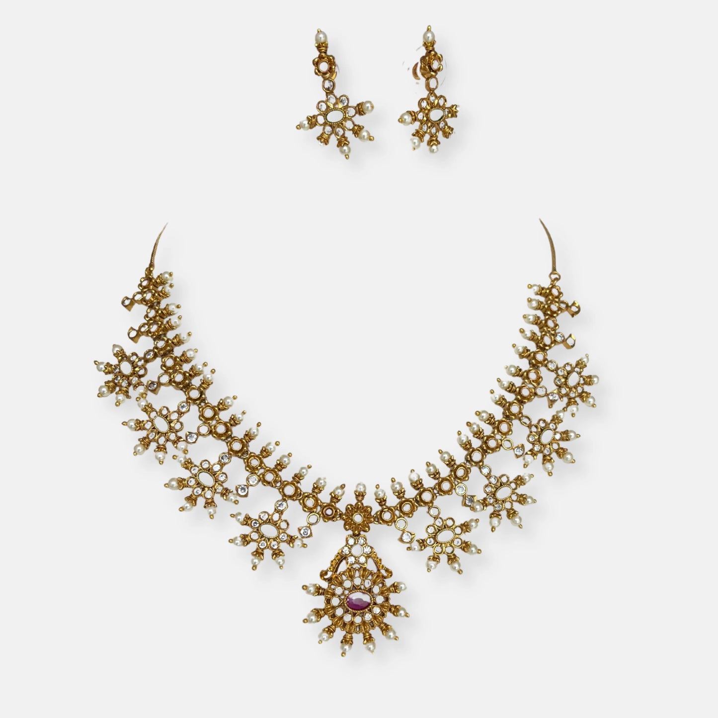 Gold Plated Temple Necklace Set With Earrings 10011