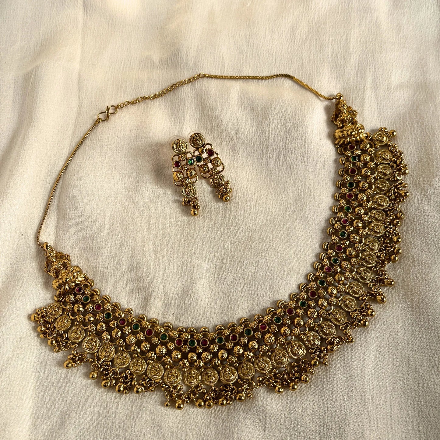 Gold Plated Temple Necklace Set With Earrings 10012
