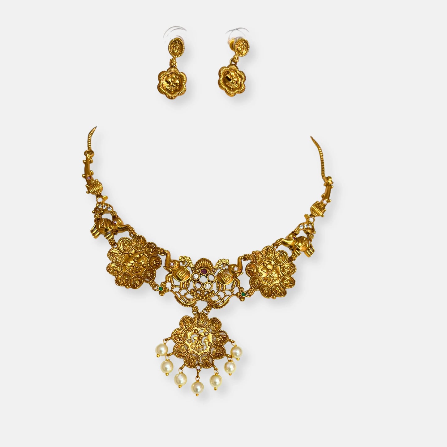 Gold Plated Temple Necklace Set With Earrings 10014
