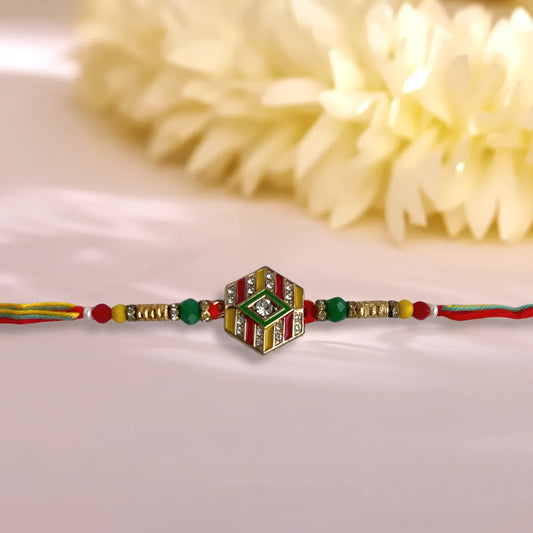 Traditional Pick Kundan And Meena Circular Work Rakhi