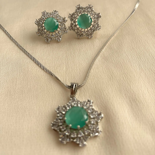 Aqua Stone CZ Pendant Set With Chain 10005
