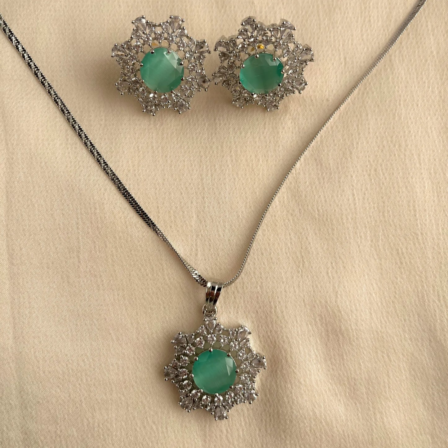 Aqua Stone CZ Pendant Set With Chain 10005