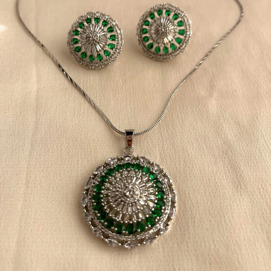 Green Stone CZ Pendant Set With Chain 10007