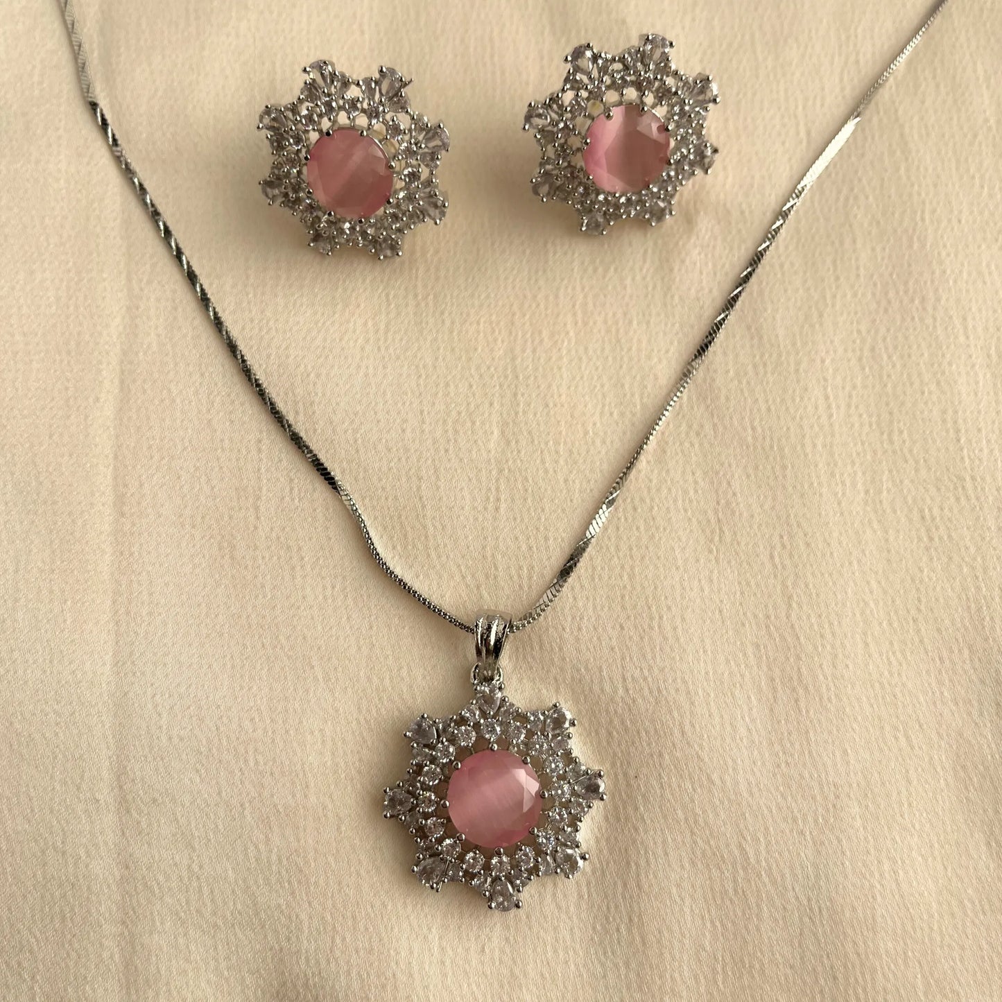 Pink Stone CZ Pendant Set With Chain 10006