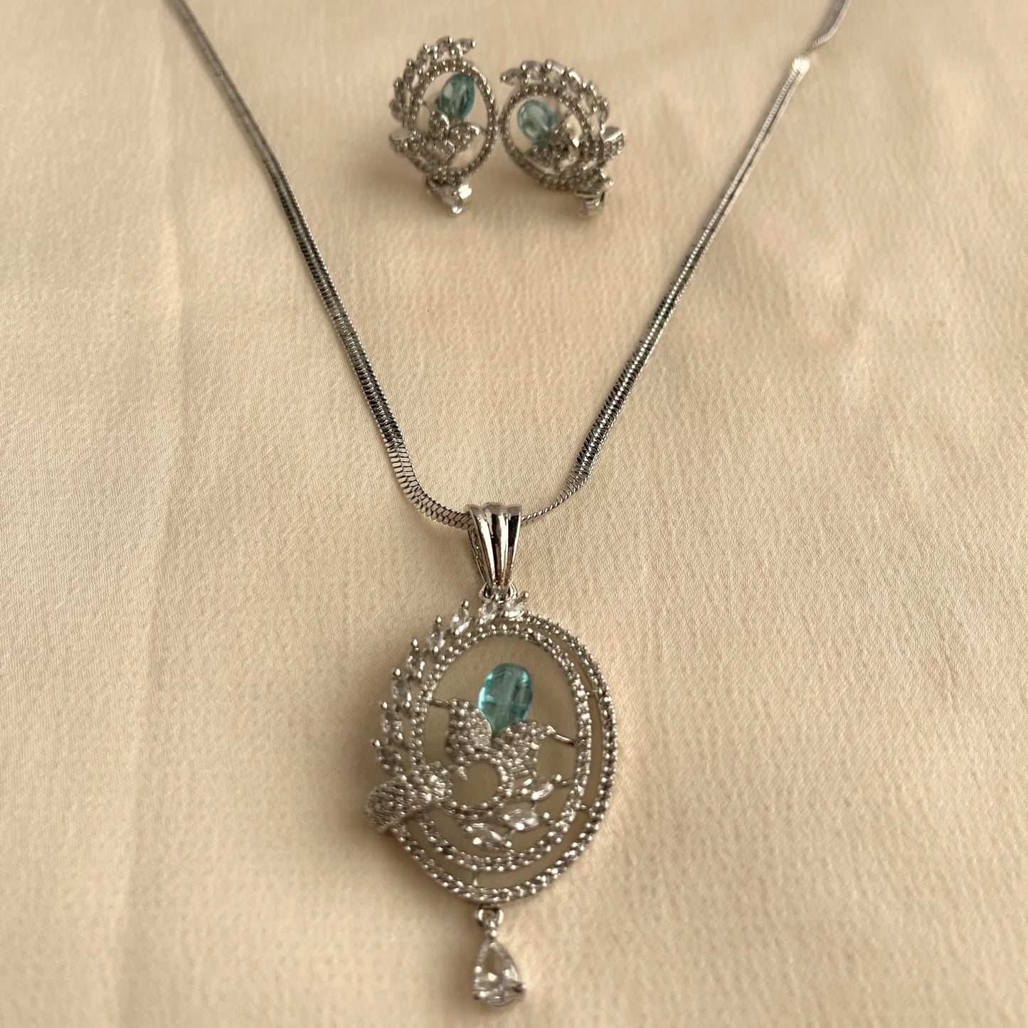 Aqua Stone CZ Pendant Set With Chain 10001